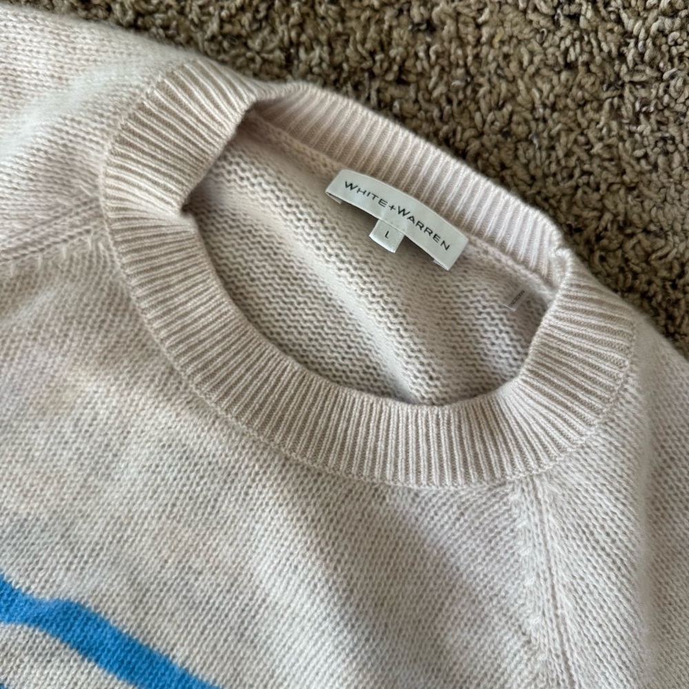 White + Warren 100% Cashmere Blue and Cream/Tan Striped Sweater Large - Picture 2 of 8